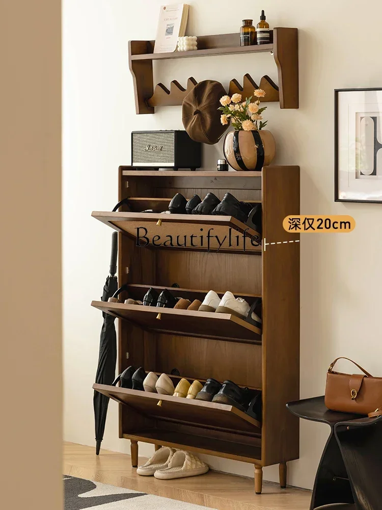 

Q S French Household Dust-Proof Ultra-Thin Solid Wood Shoe Cabinet Living Room Simple Entrance Door Storage Locker