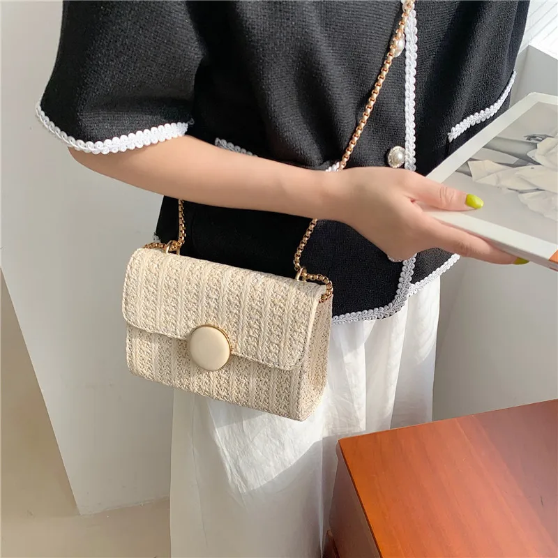 2024 new women\'s messenger bag summer straw woven Beach bag for ladies chain small shoulder bags bolsa feminina Beige handbag