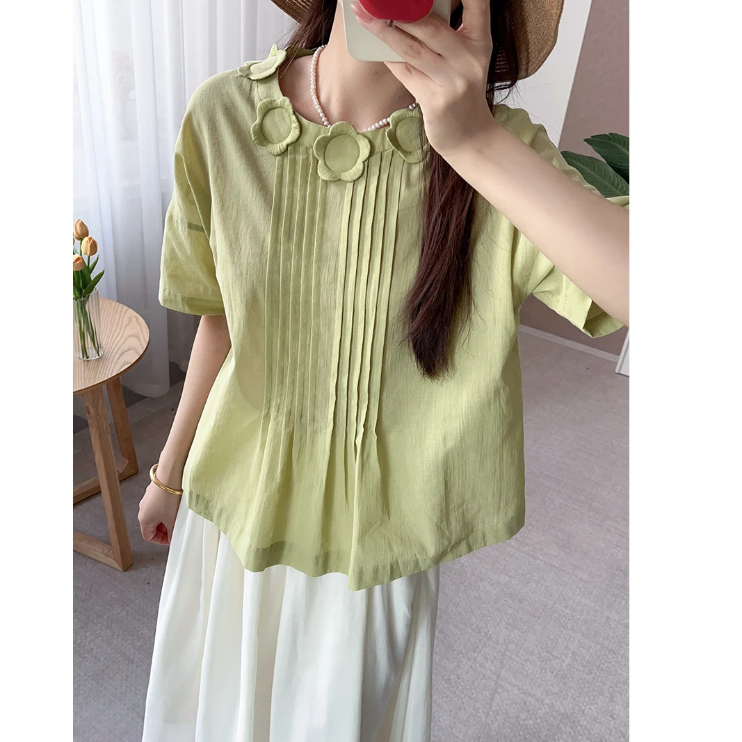 Csa Fena Casual de Verão com Manga Curta e Estilo Solto, Bordado Floral Cortado a Laser, Ombro com Pregas, Top Casual ...