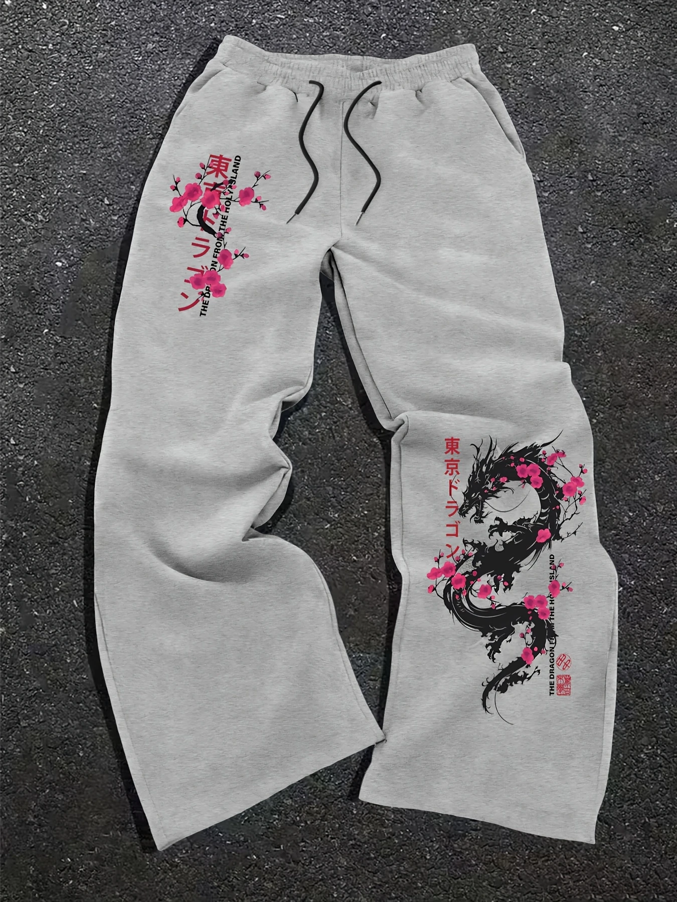 Men's versatile solid color drawstring loose-fitting casual athletic trousers with Tokyo cherry blossom dragon print