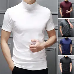 Men Summer Top Half High Collar Solid Color Soft Pullover Breathable Keep Cooling Casual Short Sleeves Summer T-shirt Clothing