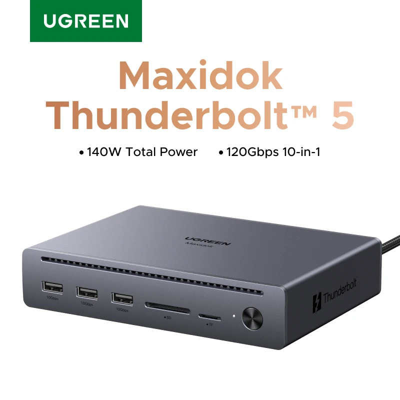 UGREEN Maxidok Thunderbolt 5 Docking Station 10-in-1 USB-C HUB 2xTBT5 140W 120Gbps 8K60Hz DP SD&TF Gigabit RJ45 for Laptop PC