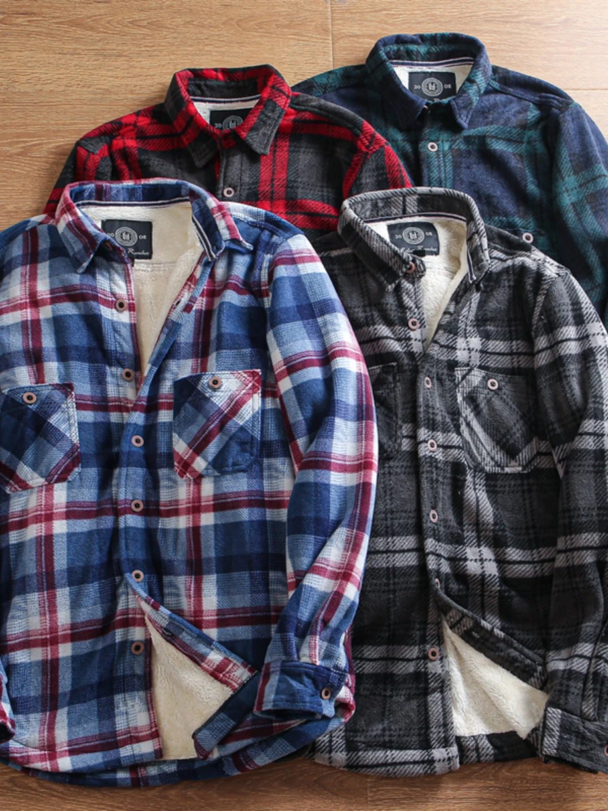 Thiened Fce Waed Brued Warm American Retro Plaid irt Coat for Men Winter Stand Fit Long Sve Faion Urban Sle