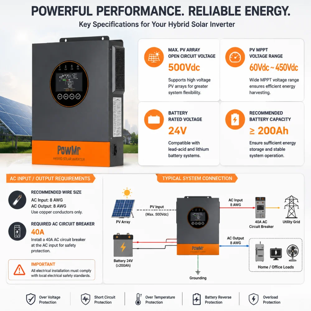 PowMr 4kW Off Grid MPPT Solar Inverter Pure Sine Wave UPS 500V Max PV Input Built in BMS RS485 CAN for 24V LiFePO4 Battery Dual AC Output for Home and RV