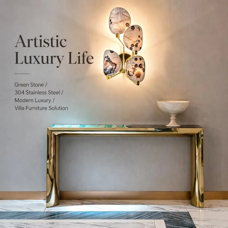 U-shaped building integrated marble countertop mirror polished stainless steel entrance villa corridor furniture entrance table