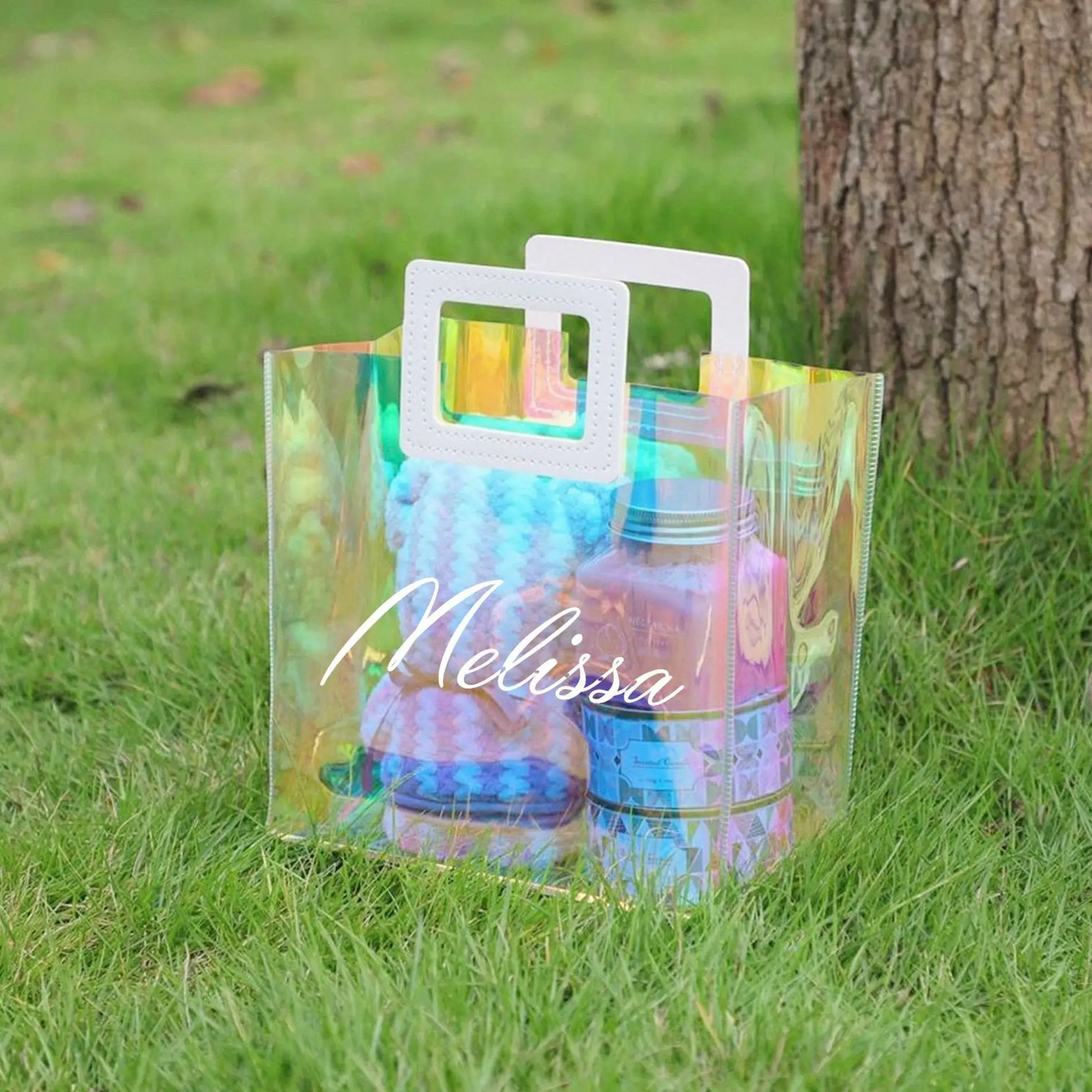 Personalized Holographic Bridesmaid Tote, Iridescent Bachelorette Party Gift Bag, Waterproof Colorful Beach Tote Bag, Bridal Sho