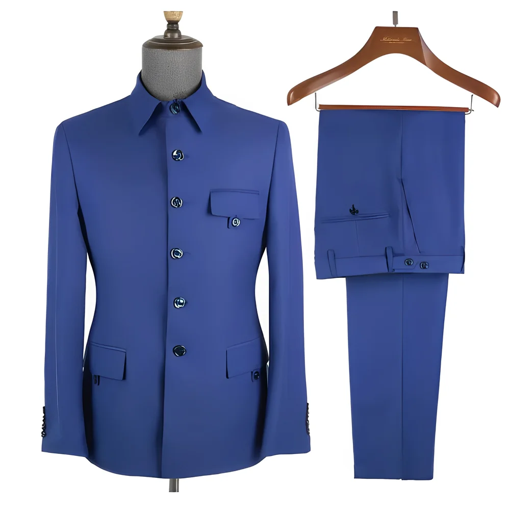 

Королевский синий формальный мужской костюм, комплект из 2 предметов, пиджак с воротником-стойкой, брюки, облегающий свадебный смокинг жениха, праздничное платье
