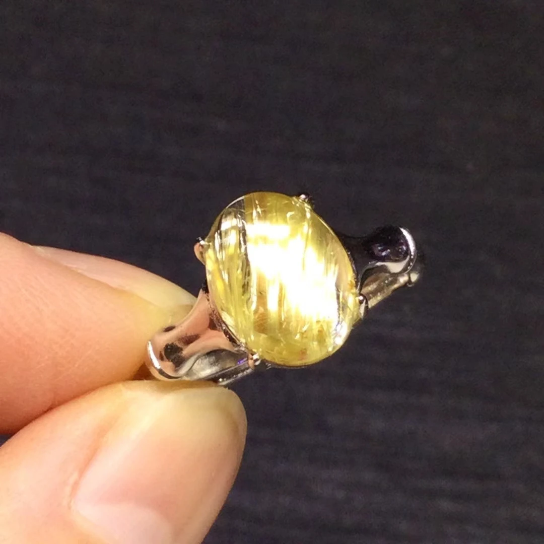 Natural Gold Rutilated Quartz Adjustable Ring 925 Silver Oval 11*8.5mm Women Yellow Rutilated Beads AAAAAA