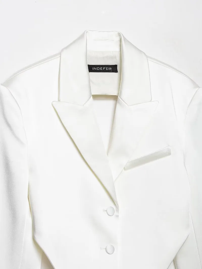 Elegantes Damen-Satin-2-Teiler-Set: Schicker Cropped Blazer mit offenem Rücken + Weite Hose, Weißes Formelles Outfit – Detail 7