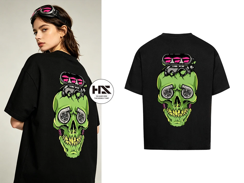Summer Fashion Retro T-Shirt Men's Pure Cotton Personalized Skull Print Motorcycle Street Style Short-Sleeve Top