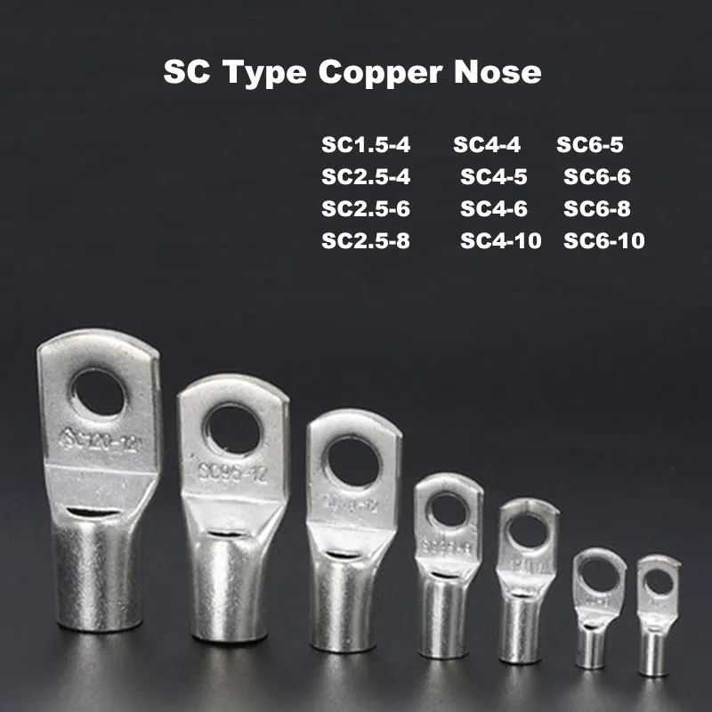 

10Pcs SC Type Wire Nose Terminal SC1.5/2.5/4/6 Bare Copper Battery Block Lugs Hole ID 4/5/6/8/10mm Crimp Cable Connector