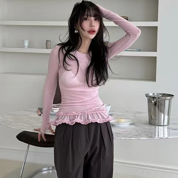 

3 цвета, осень 2025 года, топы в корейском стиле, кружевная прозрачная футболка с длинными рукавами для девочек, женские футболки, женские футболки (W10755