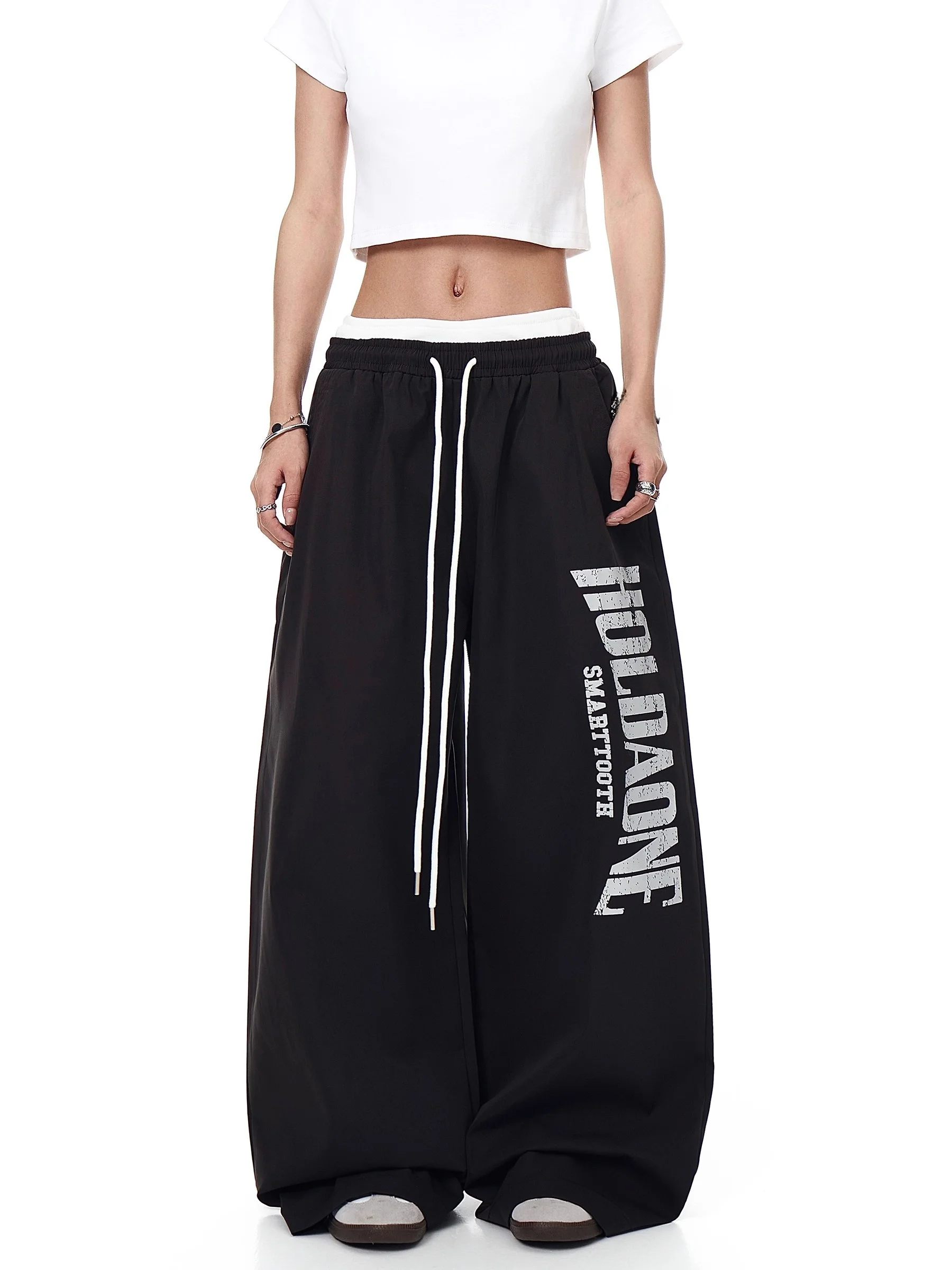 Retro American Printed Loose Casual Pants High Waist Jazz Dance Women's Sle Splicing Wide Leg Floor Length Trousers