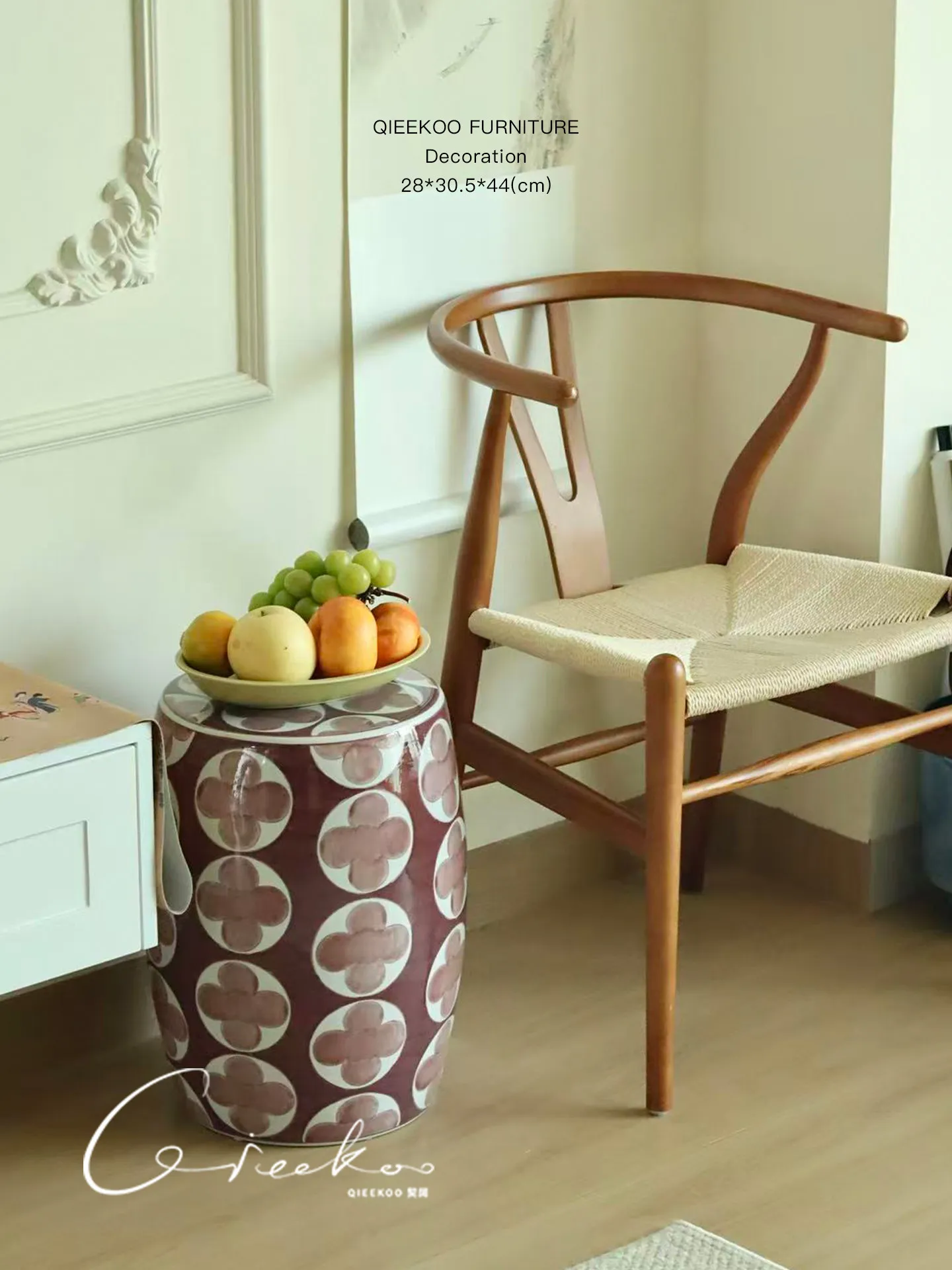 Red Hand Painted Four-Leaf Clover Ceramic Drum Stool, Small Side Table Beside Sofa Bed for Balcony Living Room Home Decor Gift