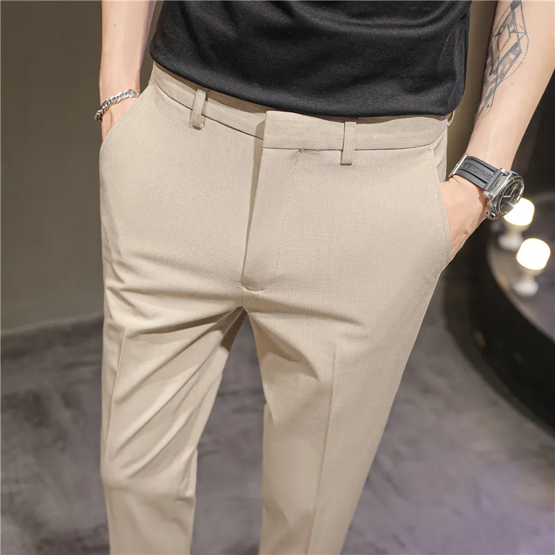 2025 Summer Thin Navy Blue Micro Elastic Ankle-Length Pants for Men, Khaki Small Footed Men's Casual Cropped Trousers,Asian Size