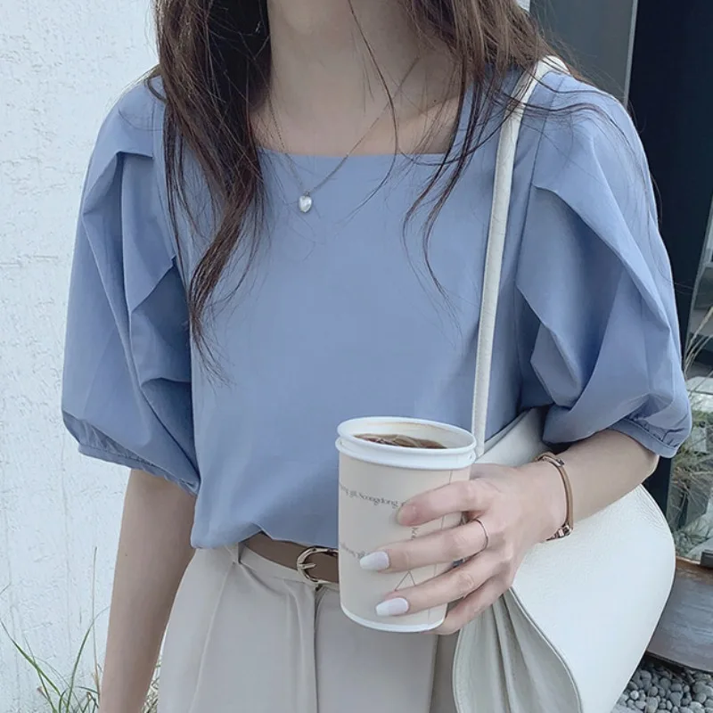 

Chic Square Collar Bubble Sve irt Women's Lightweight Summer ort Sve Casual Straight Cut Single Color Faion Top
