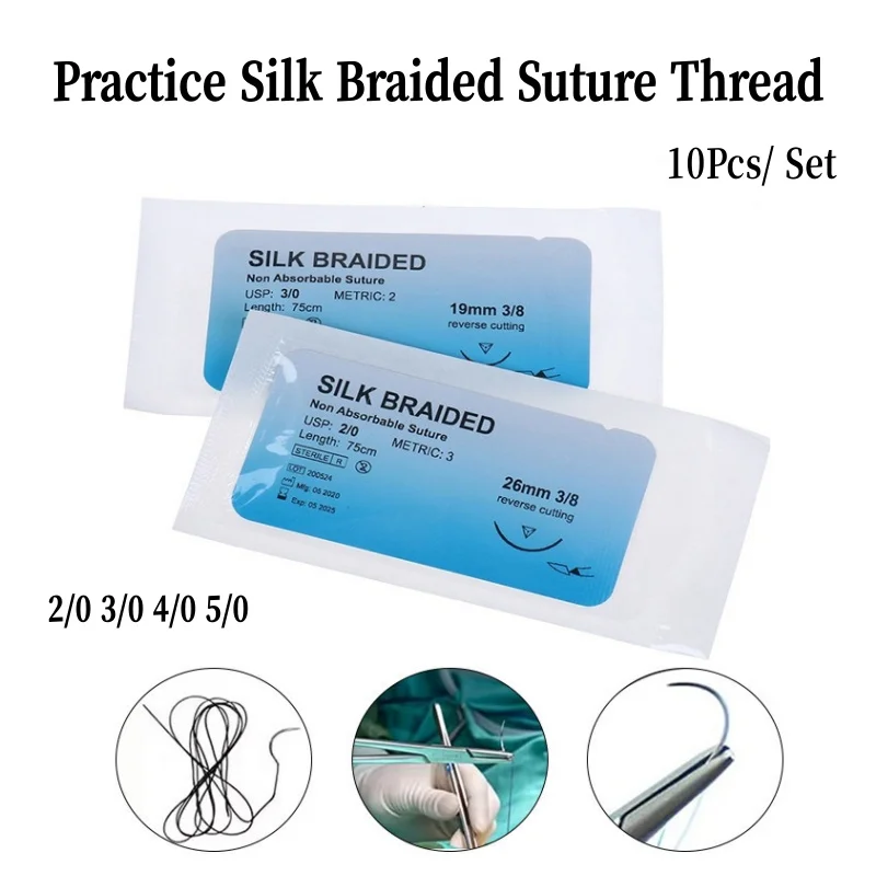 

10Pcs Medical Needle Suture Silk Braided Monofilament Thread Suture Practice