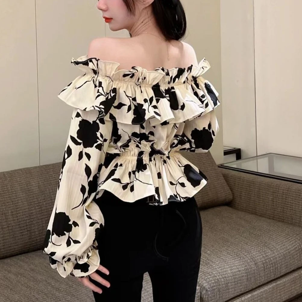 Blouses Women New Arrival Spring French Style Slash Neck Ruffles Floral All-match Ladies Sexy Sweet Ins College Skinny Clothing