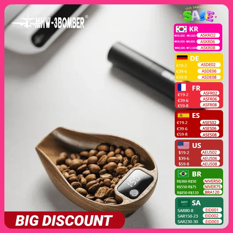 MHW-3BOMBER Coffee Scale Rechargeable Food Kitchen Scale 0.3g Precise Wooden Digital Bean Scale with Spray Bottle Barista Tool