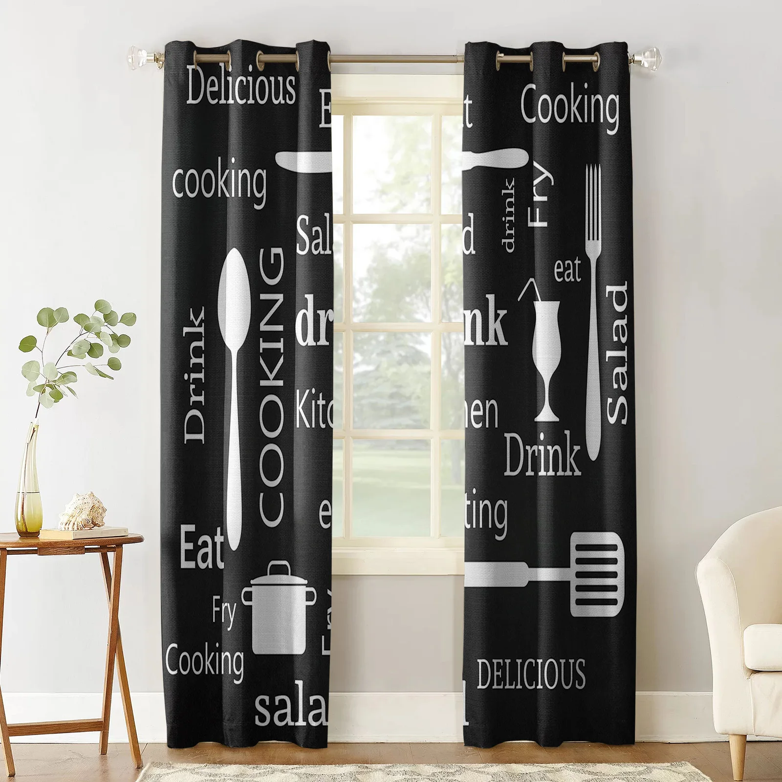 Kitchen Text Knife And Fork Window Curtains for Living Room Bedroom Kitchen Modern Curtains Home Decoration Drapes Blinds