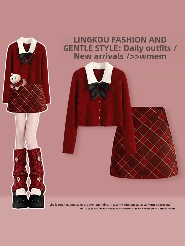 

Sweet Sle Cisas, вязаный кардиган и клетчатая юбка, комплект больших размеров, осенне-зимний модный женский ансамбль