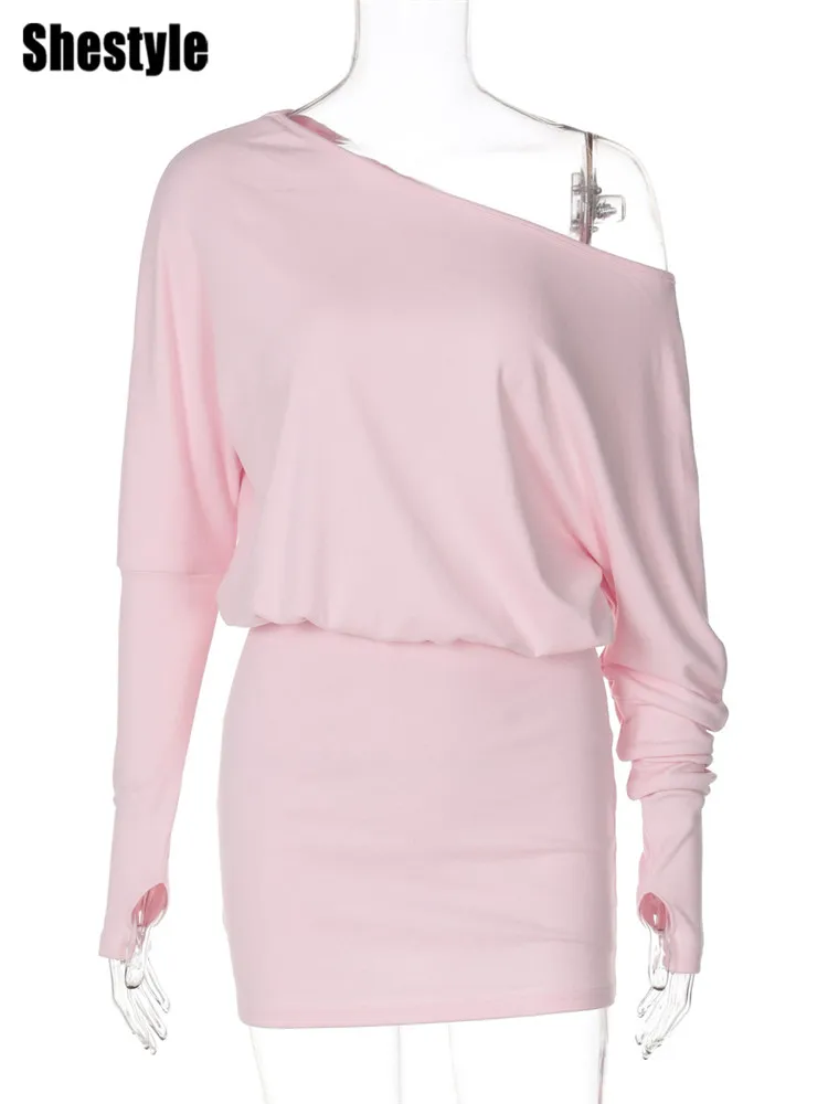 فستان Shestyle بكتف واحد ورقبة مائلة للنساء بأكمام فانوس وردي سادة غير رسمي أنيق ملابس الشارع الشهير ملابس الحفلات