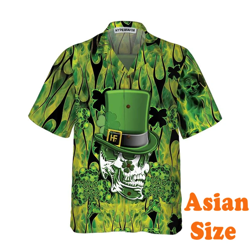 Green Theme Lucky Shirt For Men's Clothing St Patrick Day Festival Street Trend Shirts Short Sleeve Lapel 2025 Skull Print Top