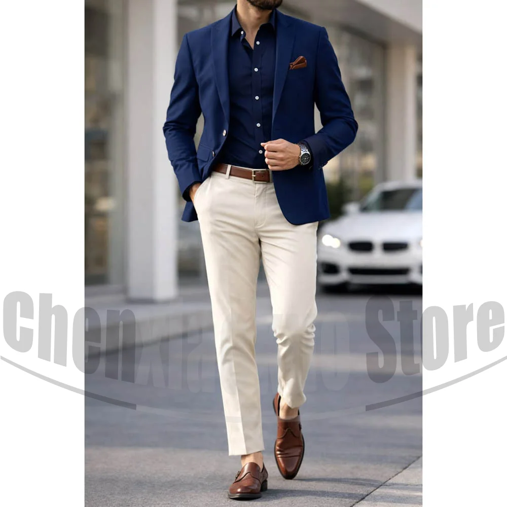 Mens Suit Set Slim Fit Navy Blue Blazer Beige Pants Single Breasted Business Wedding Party Formal Tuxedo For Men 2 Piece