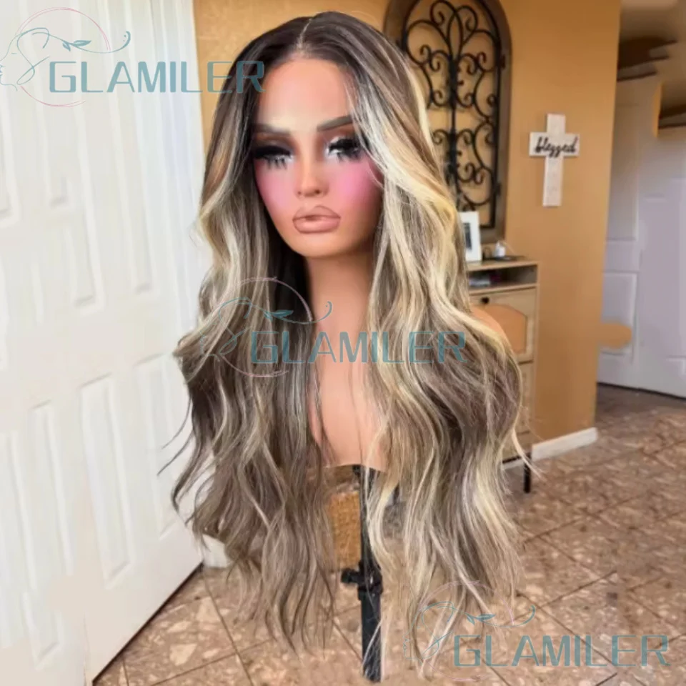 13x4 الدانتيل الجبهة الباروكات تسليط الضوء على أشقر بني فاتح # 613 شعر بشري مموج بدون صمغ باروكات دانتيل كاملة مع عقدة مبيضة