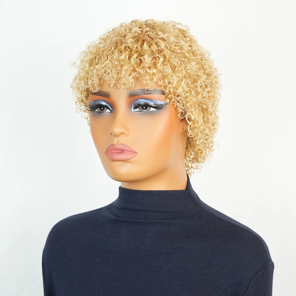 باروكة من شعر طبيعي برازيلي أشقر قصيرة مموجة عميقة قطع عابث مع غرة منتفخة مسبقًا للنساء مصنوعة آليًا شعر بشري مجعد 100% #4