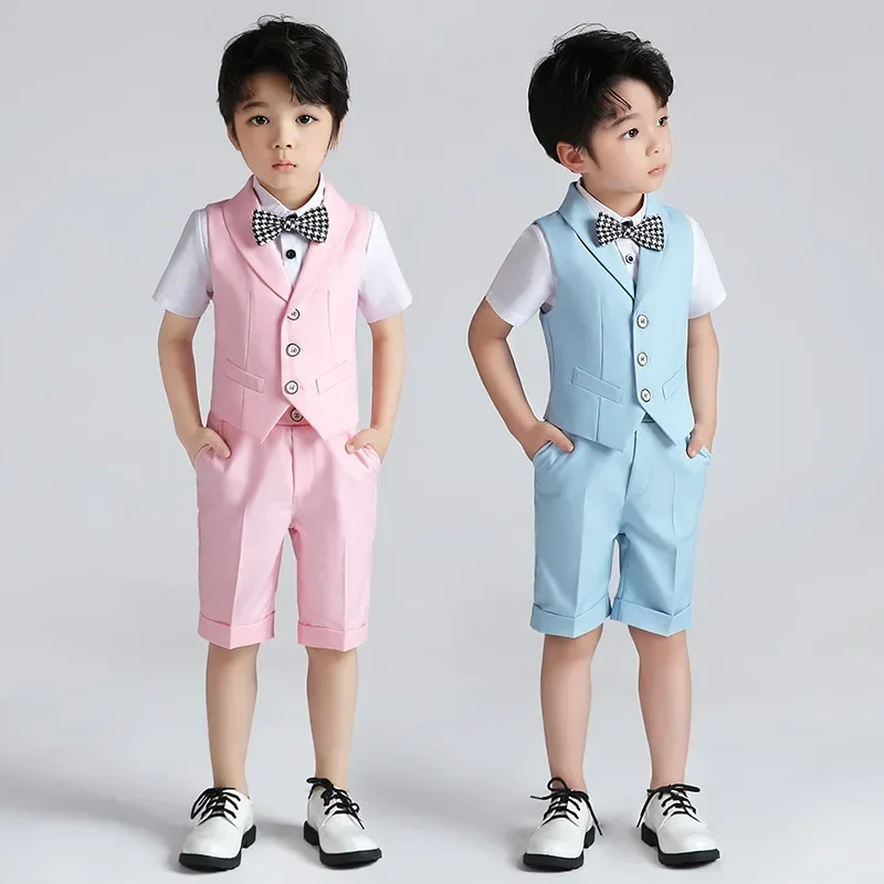 

Boys Summer Vest Shorts Bowtie 3PCS Formal Dress Kids Wedding Photography Suit Toddler Birthday Uniforms Tuxedo Costume