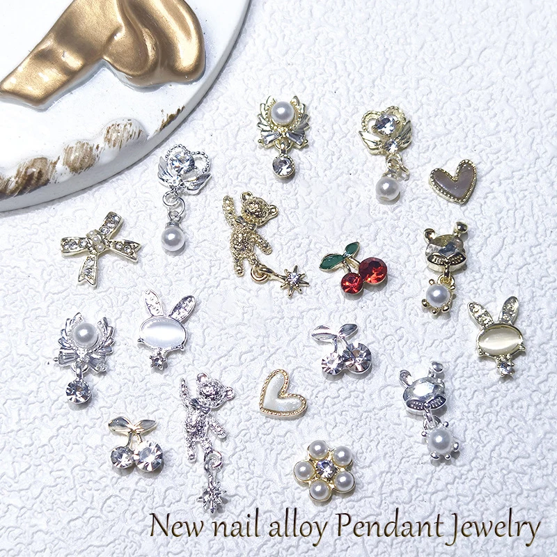 

10Pcs White Diamond Cherry Nails Charms Cute Mini Rabbit Peach Heart Part Nail Decoration Jewelry Luxury 3D Manicure Accessories