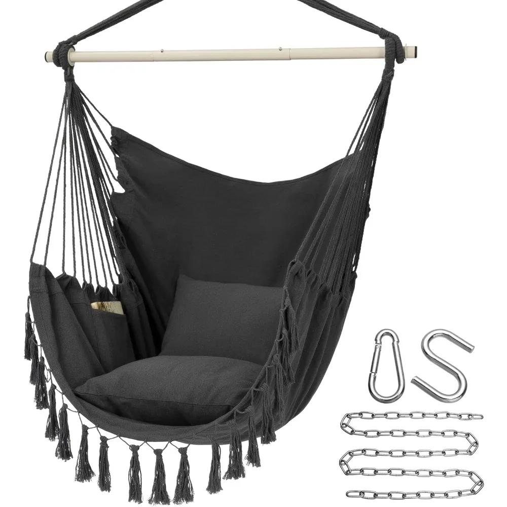 

Comfortable&durable cotton woven hammock chair hanging rope swing, 2 Cushions Included, Large Macrame Hanging Chair w/Pocket