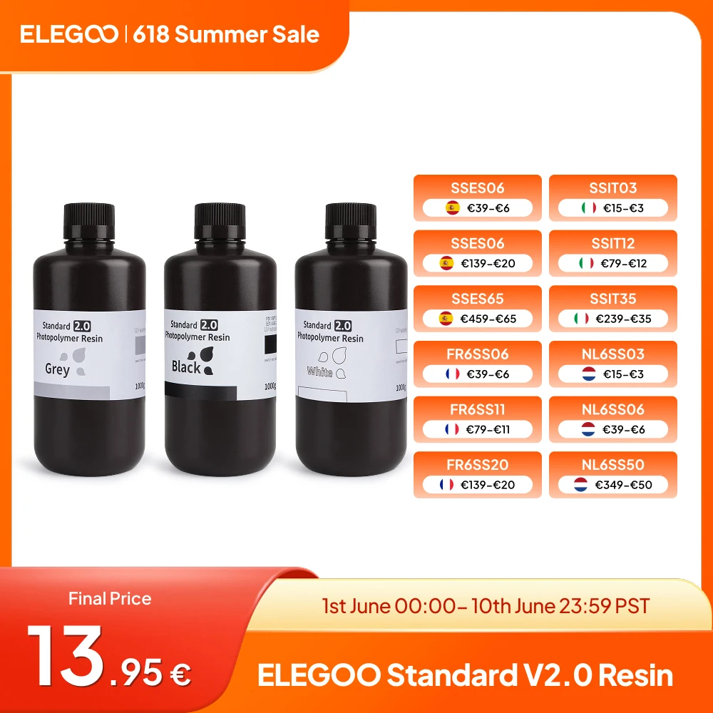Elegoo Standard Resin V2.0 Matériau d'impression 3D pour imprimante 3D série MARS SATURN avec haute précision et faible odeur gris 1 kg