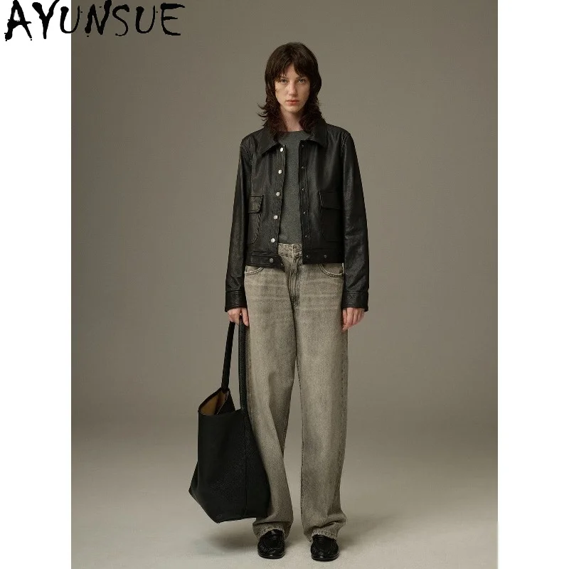 AYUNSUE Vegetable-tanned Sheepskin Jacket Woman Fashion Commuter Real Leather Jackets Casual Black Short Tops Woman Clothes 2026