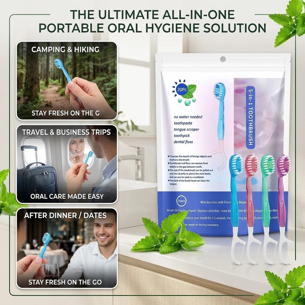 Five-in-one bursting bead Disposable Cleaning Toothbrush Includes Mouthwash Portable Travel Toothbrush With Dental Floss