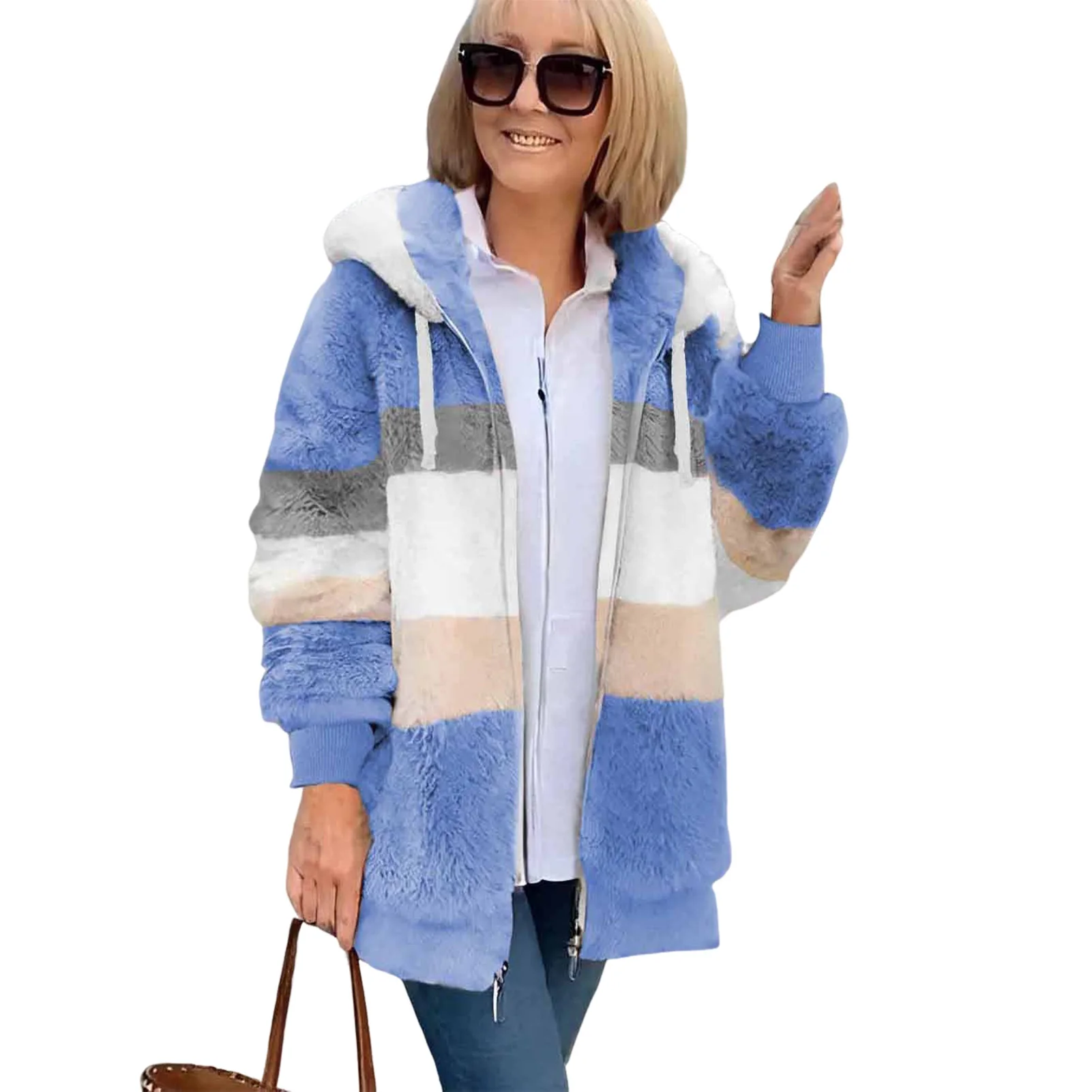 

Women Jacket Colorblock Fleece Hooded Coat with Zipper Closure Pockets for Women Warm Winter Cardigan Jacket Mid Length Loose