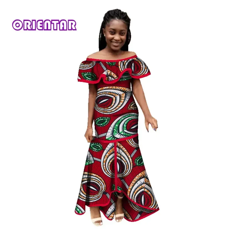 Fashion Women African Dress Slash Neck Long Maxi Dress Bazin Riche African Print Clothing for Women Party Evening Dress WY2781