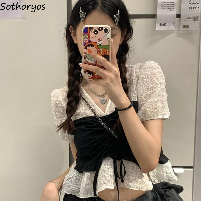 

Blouses Women Fake Two Pieces Design New V-neck Slim Sexy Simple Daily Cropped Streetwear Chic Leisure Harajuku Hot Girls Summer