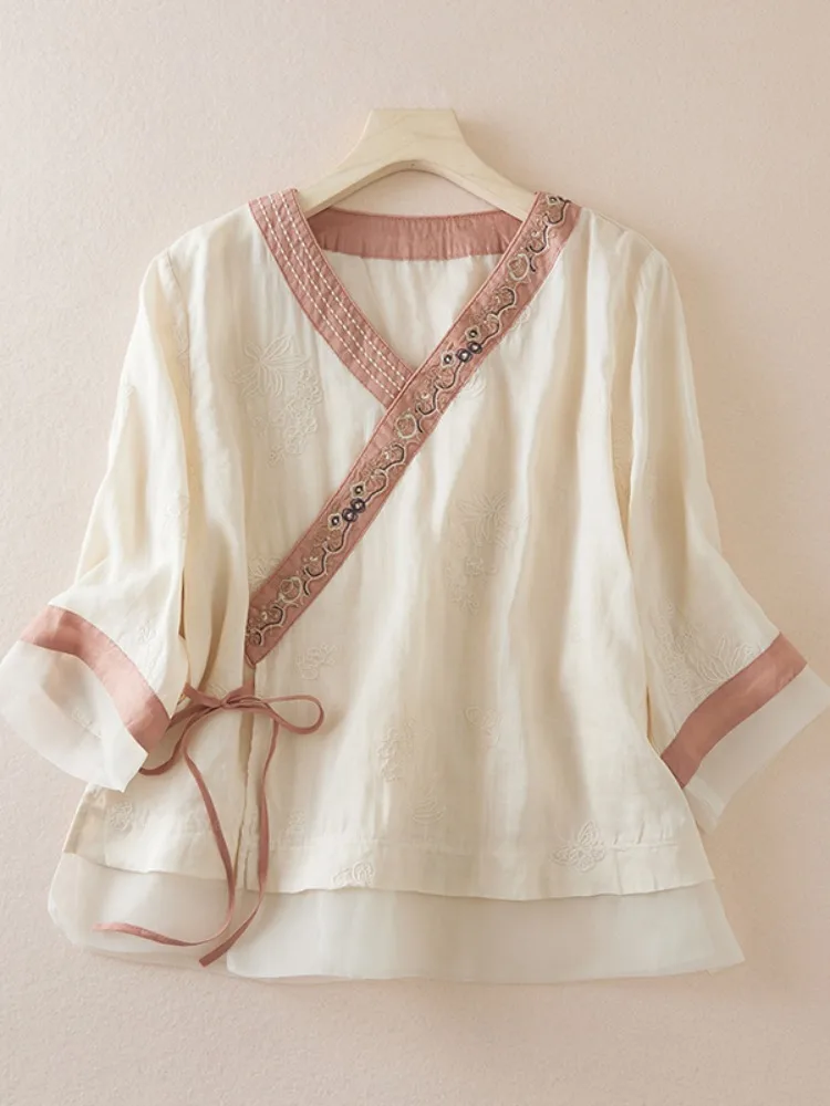 

Новый китайский женский хлопковый льняной костюм с вышивкой, летний национальный галстук Sle Obi, фатиновый маленький топ, чайный костюм, топ