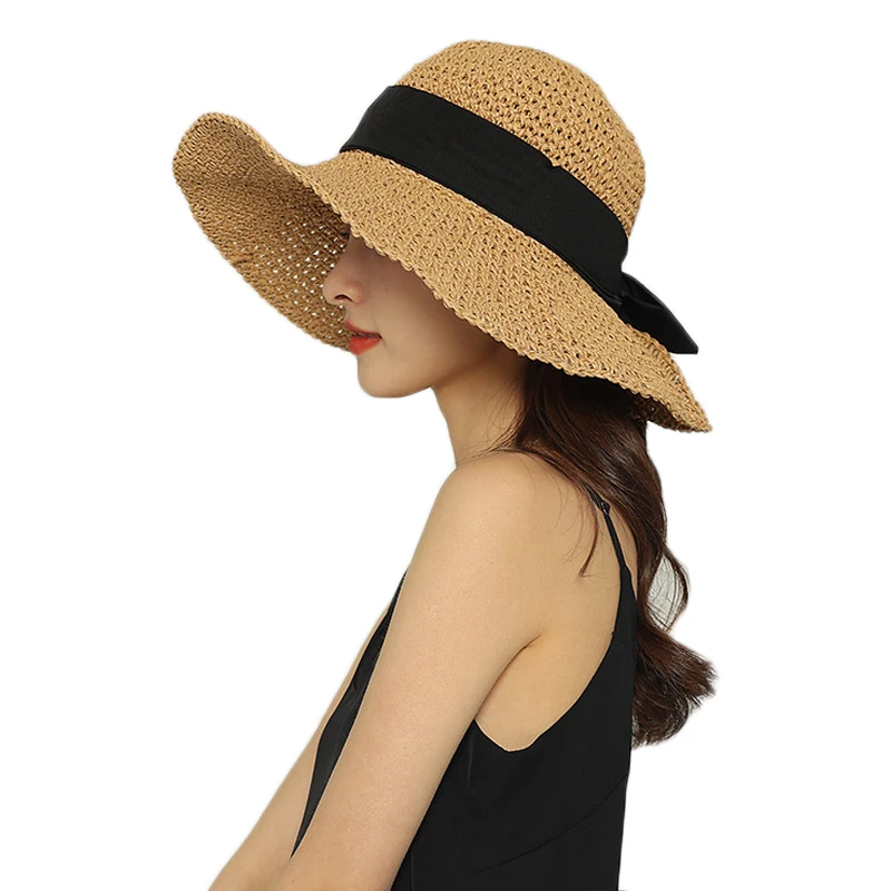 Wide Brim Sun Hats for Women Straw Beach Hat with Bow Crochet Travel Bucket Hat Foldable Beige…