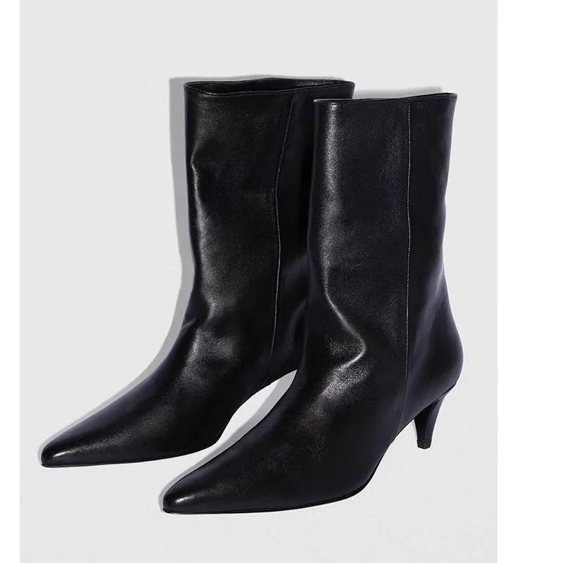 

Minimalist Leather Knee-High Women Boots Pointed Toe Stiletto Heel Boots Trendy Street Style Autumn Winter Evening Occasion Wear