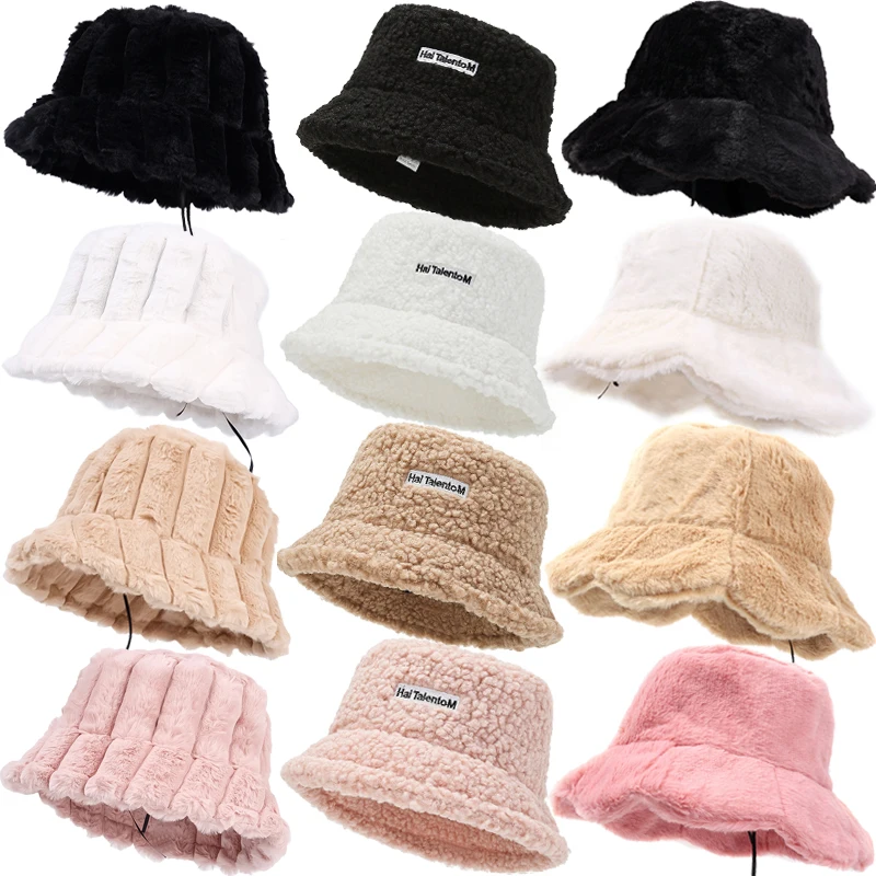 Solid Striped Ruffled Bucket Hat Women Lamb Wool Faux Fur Fisherman Hats Girls Outdoor Winter Warm  Bowl Cap Buckets Sun Caps