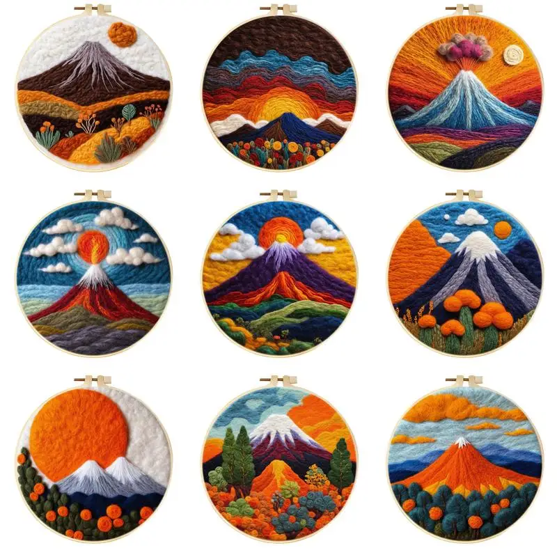 Diy Needle Felt Painting Starter Kit With Frame Volcanic Scenery Wool Needle Felt Picture Kit Felt Craft New Gift 20x20cm