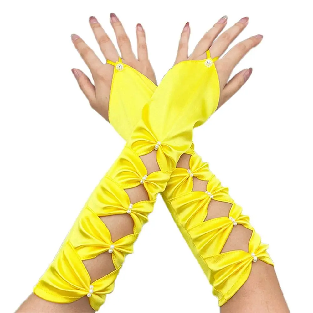 Elastic Evening Party Prom Fingerless Pleated Bowknot Long Bridal Gloves Elbow Gloves Satin