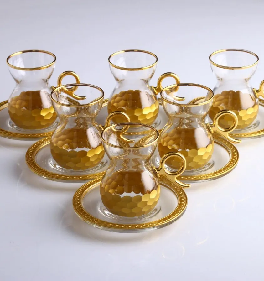 LaModaHome Turkish Arabic Tea Glasses Set of, Fancy Vintage Handmade Set for Serving, Teatime, new Home Wedding Gift Honey Comb Goal