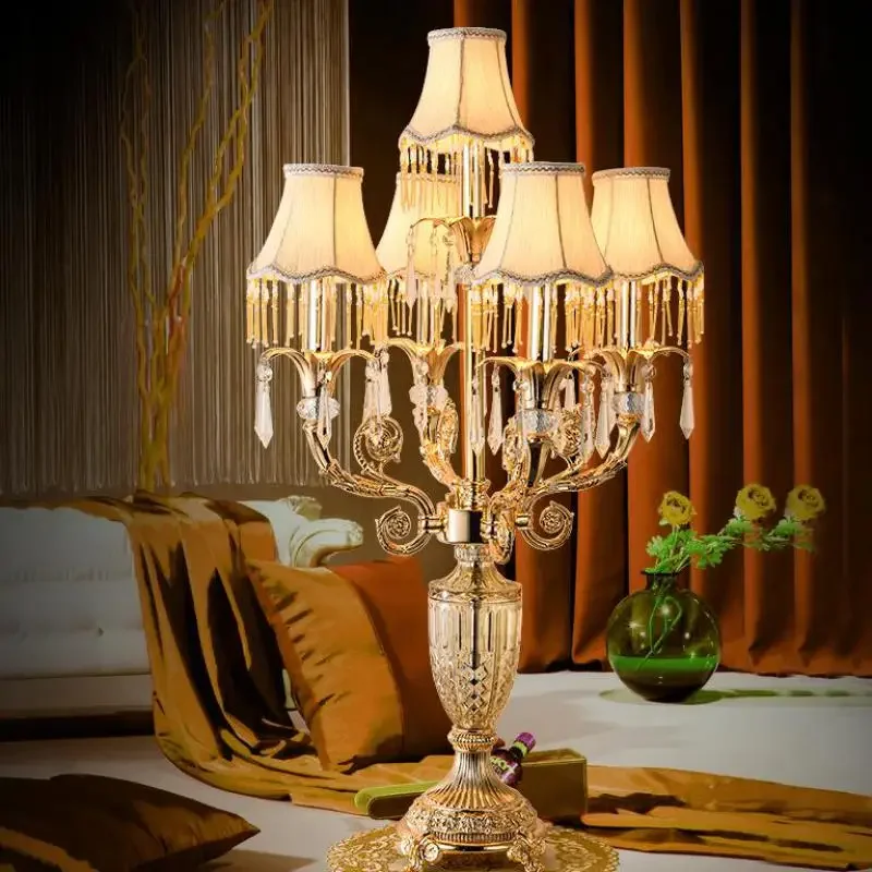 Large Hotel Project Crystal Table Light Gold Led Candle Holders Party Candelabro E14 Down Cloth Shade Desk Lamp Office Lighting