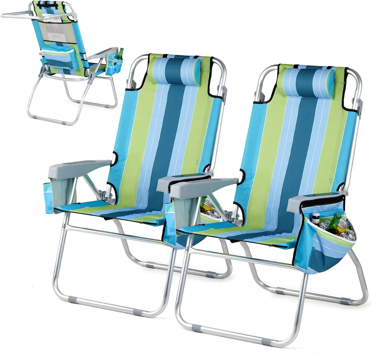 

Tall Beach Chair 2 Pack, with 5-Position, Cooler Bag, Cup Holders, Towel Bar,Lightweight Folding Beach Camping Chairs for Adults