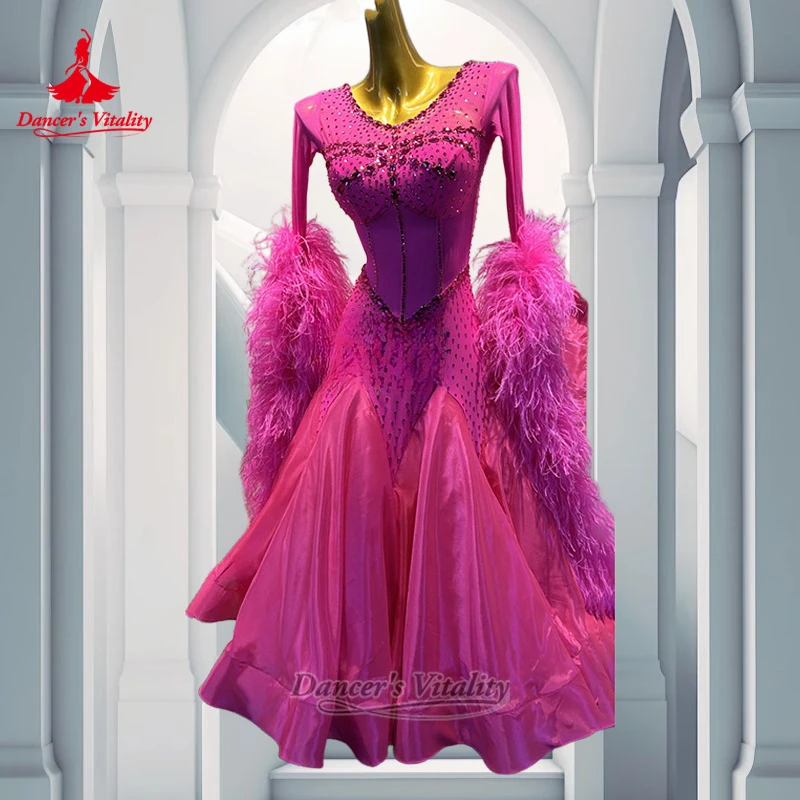Social Dance Feather Style Dresses Adult&Teenagers Waltz Tango Wrapped Hips Perform Clothes Luxury Customized Dancer's Vitality