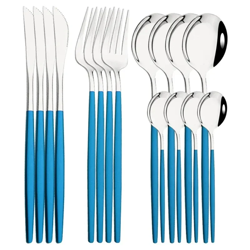 ABBP-Blue Silver Dinnerware Stainless Steel Cutlery Set 16Pcs Knife Tea Spoon Dinner Flatware Kitchen Silverware Tableware